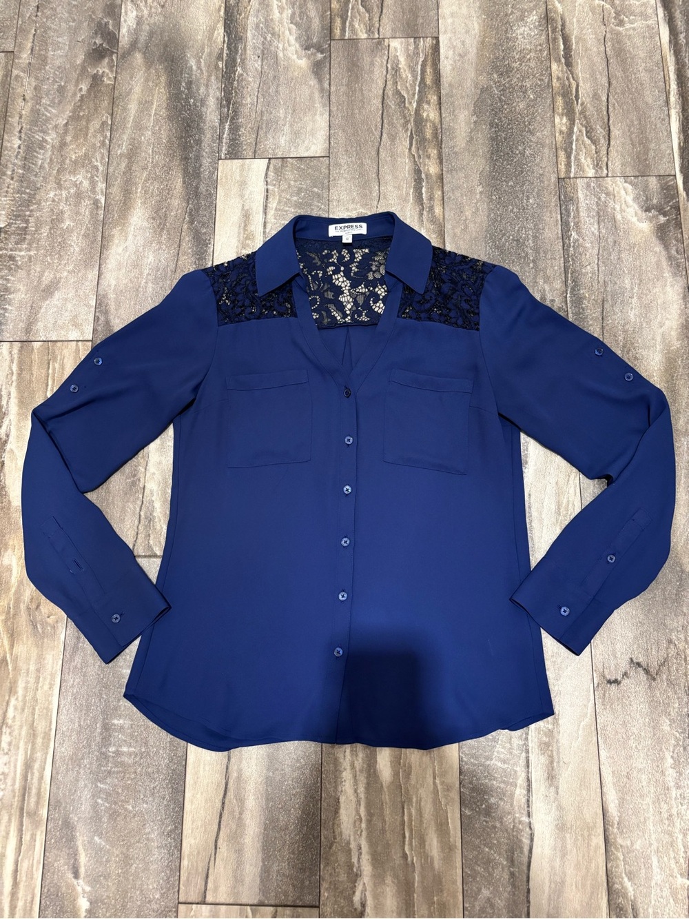 Express The Portofino Shirt Button-Front Long Sleeve Lace Yoke Blouse Navy Sz XS